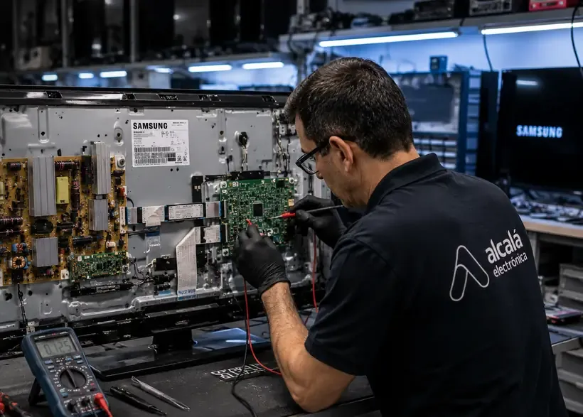 Técnico de Electrónica Alcalá reparando una placa electrónica en el taller
