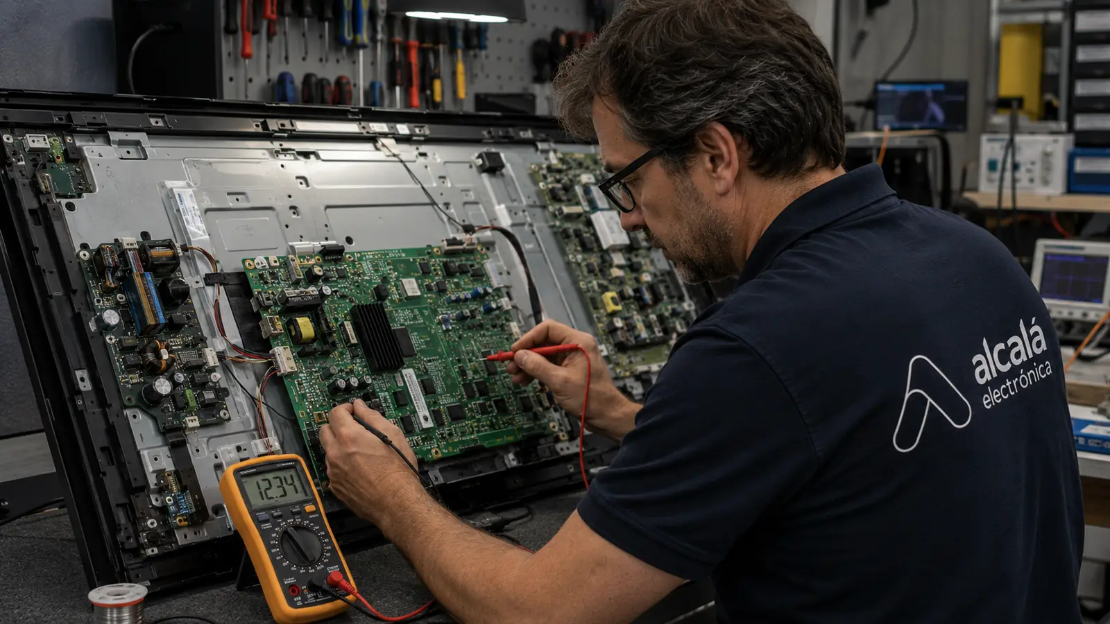 Técnico de Electrónica Alcalá reparando un televisor